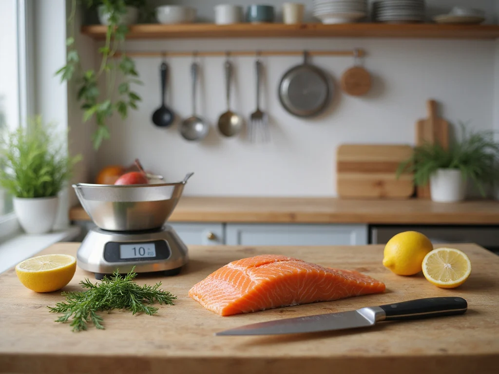 Preparation of 100 grams of salmon on a kitchen table