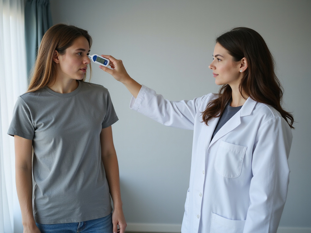 Medical professional checking body temperature for hyperthermia symptoms