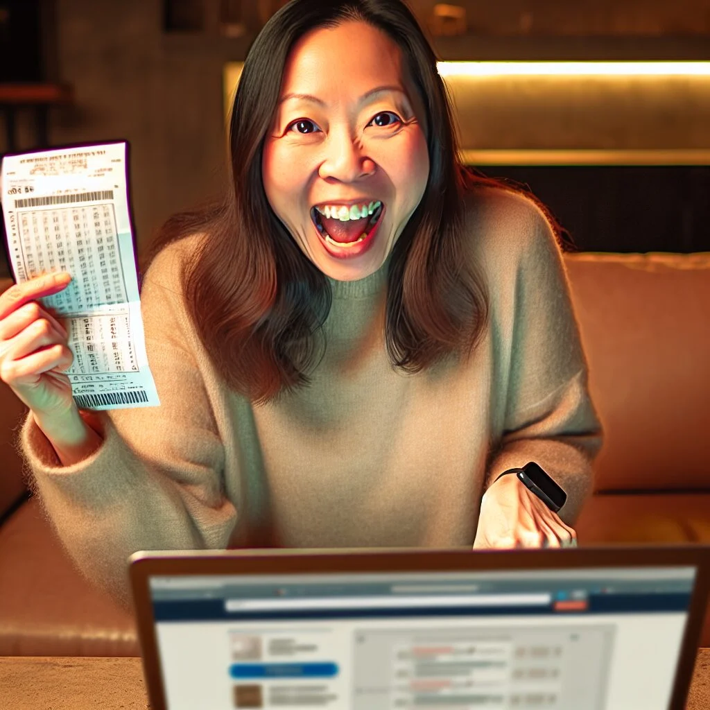 Happy individual holding lottery ticket while using a laptop at home
