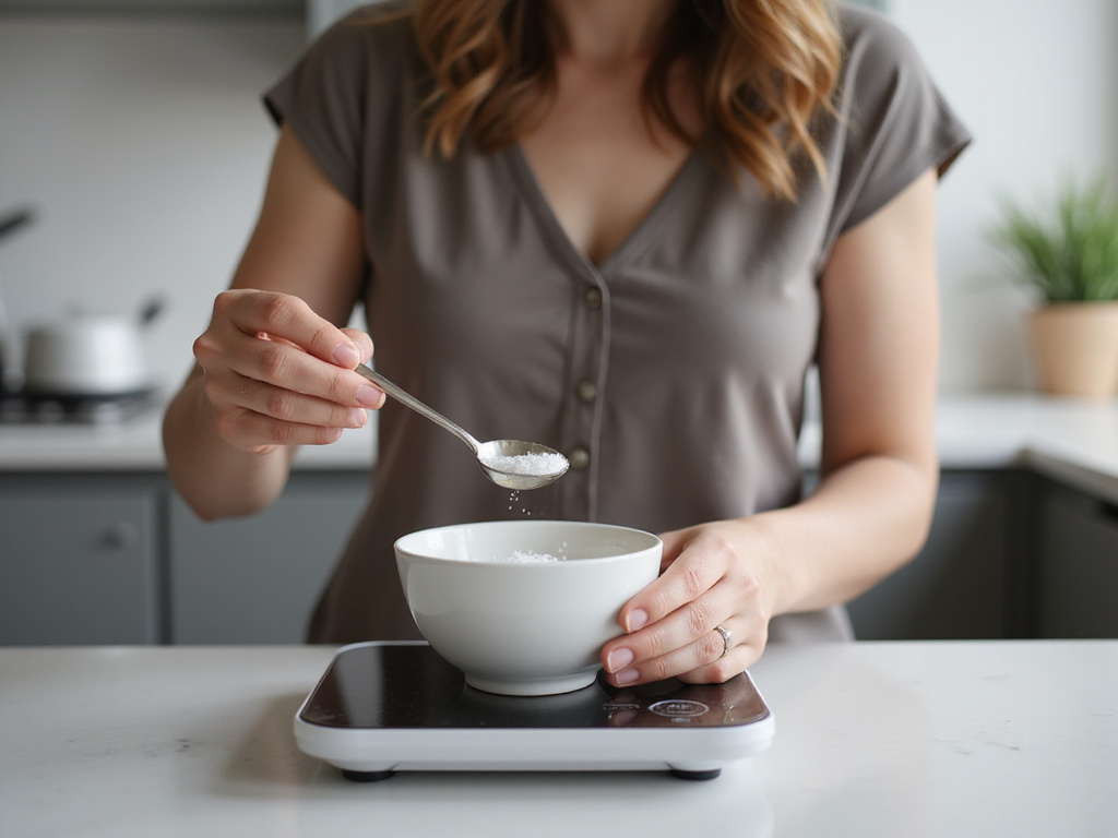 Woman measuring grams in a spoon in a modern Western kitchen