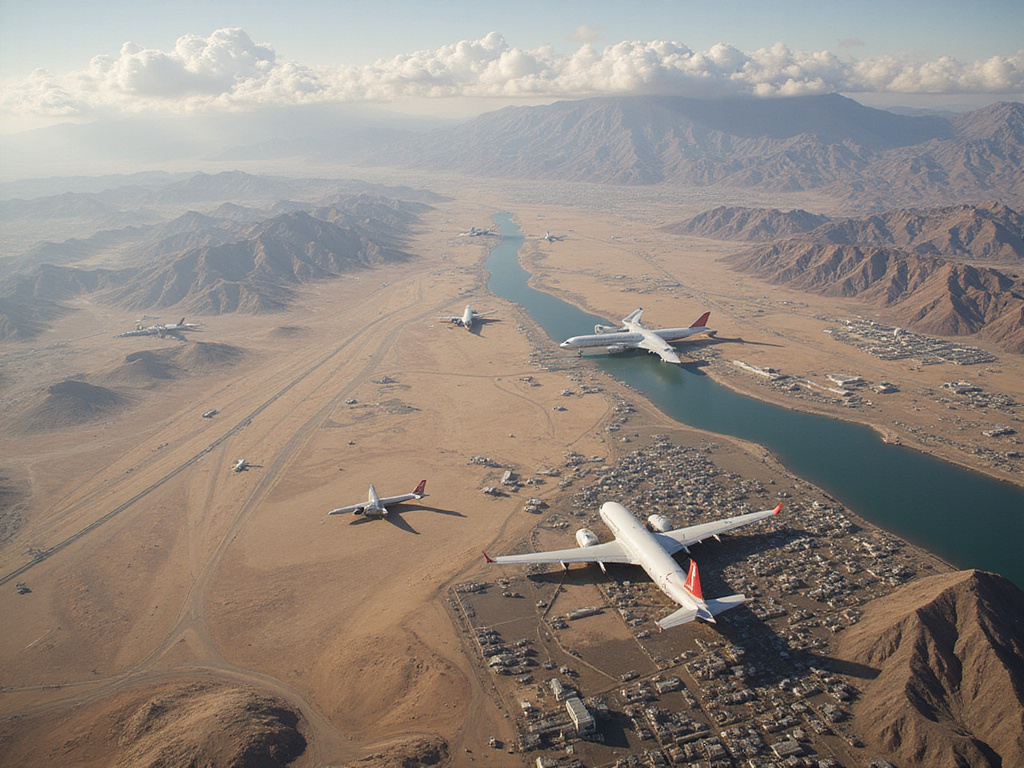 Aerial view of multiple airports in Yemen's strategic geography