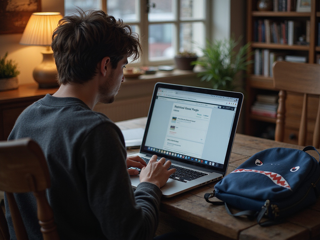 Person researching Sprayground backpacks on laptop in cosy room.