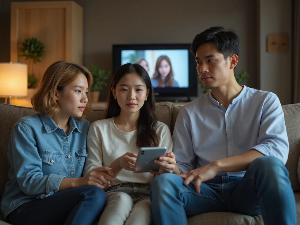 Diverse group watching Korean dramas online in a comfortable setting