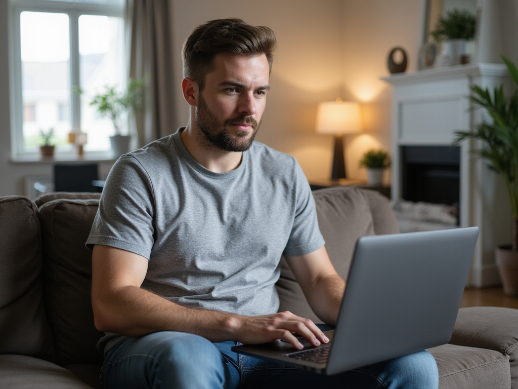 Man working on laptop at home, demonstrating כיצד בודקים יתרה ברב קו.