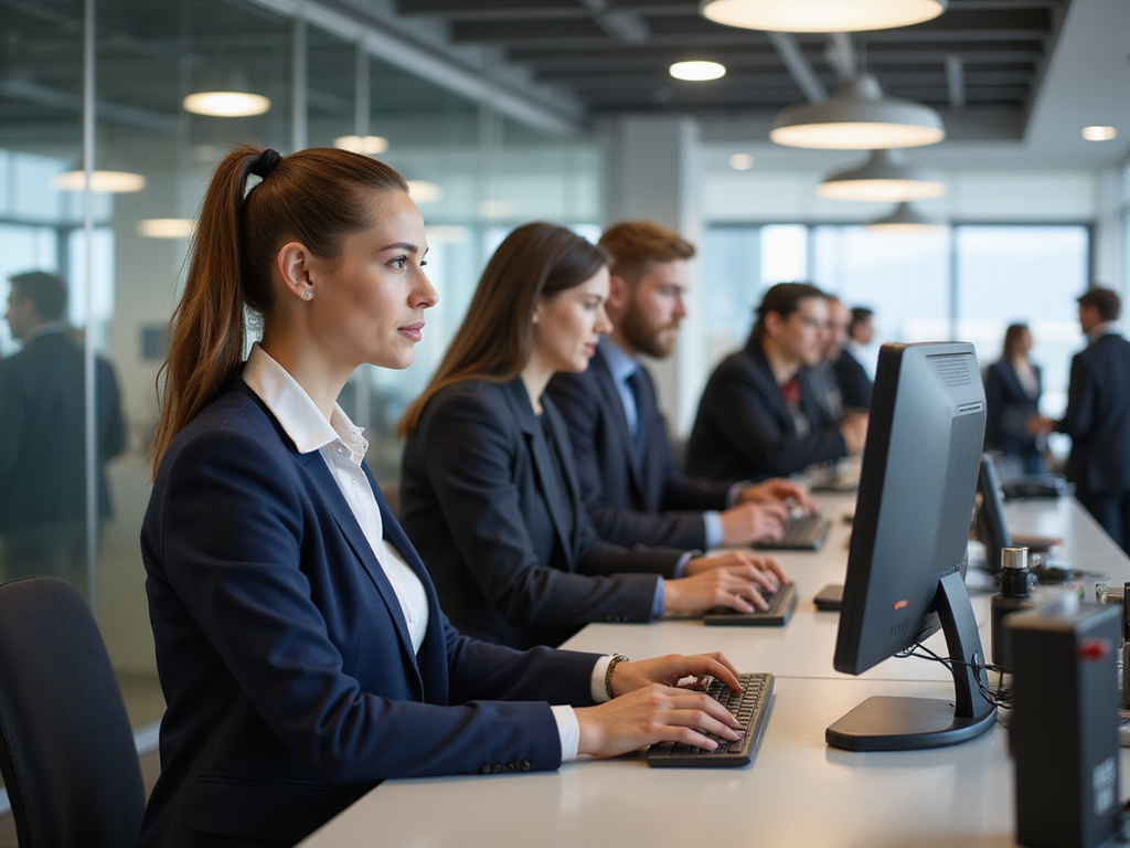 Professional woman assisting customers at corporate information desk