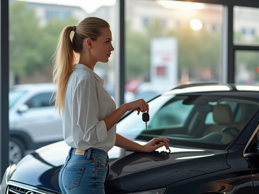 Blonde woman leaning on new car with loan keys at dealership