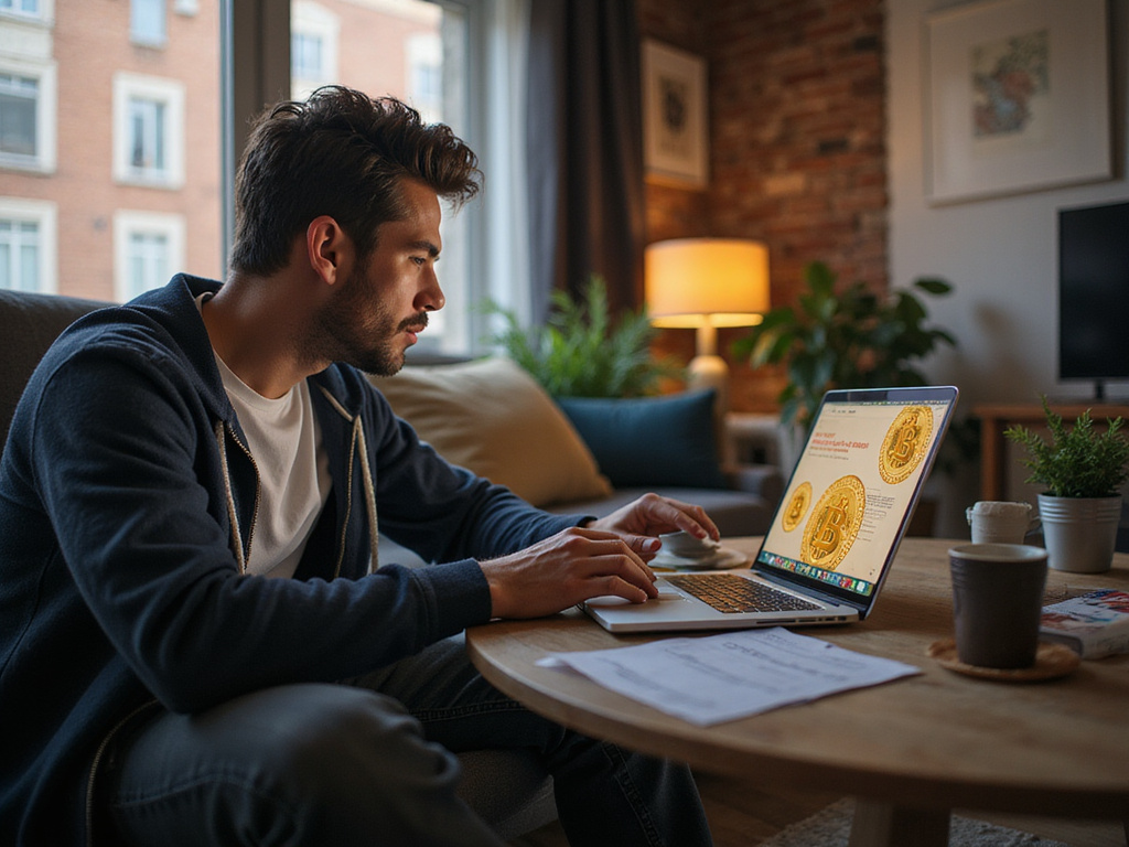 Adult man learning how to invest in Bitcoin on laptop