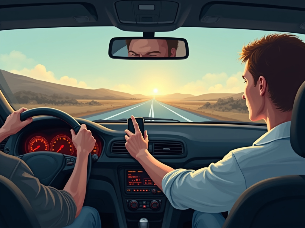 Car on road with brake warning light illuminated, driver concerned