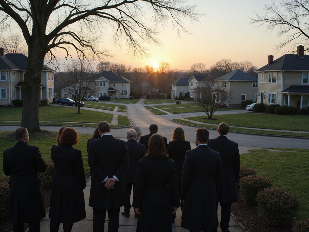 Mourning individuals at sunset before a festive holiday