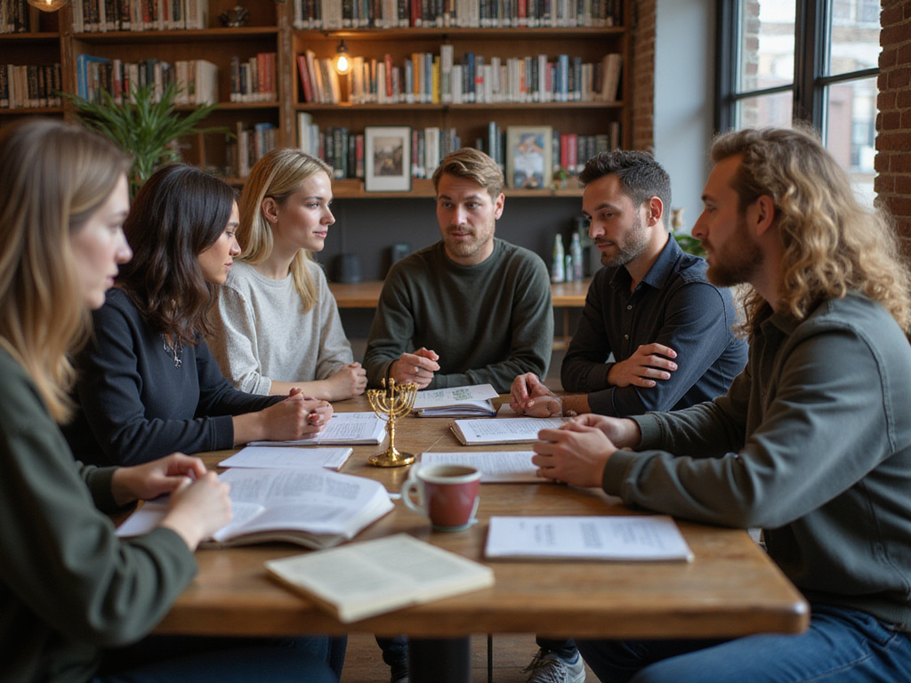 Diverse group discussing prayer times with Hebrew religious elements