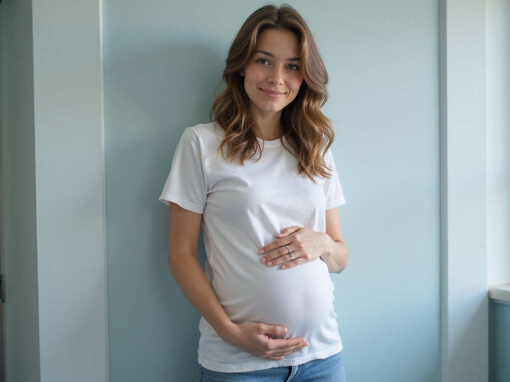 Happy young woman in maternity ward touching her belly