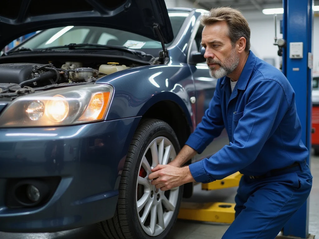 Mechanic performing איפה עושים בדיקת מיגון לרכב on mid-size sedan