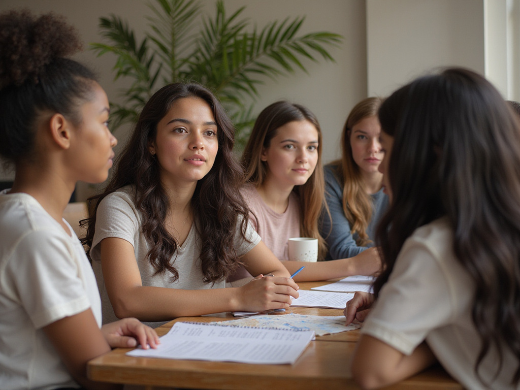 Diverse group of girls discussing challenges worldwide