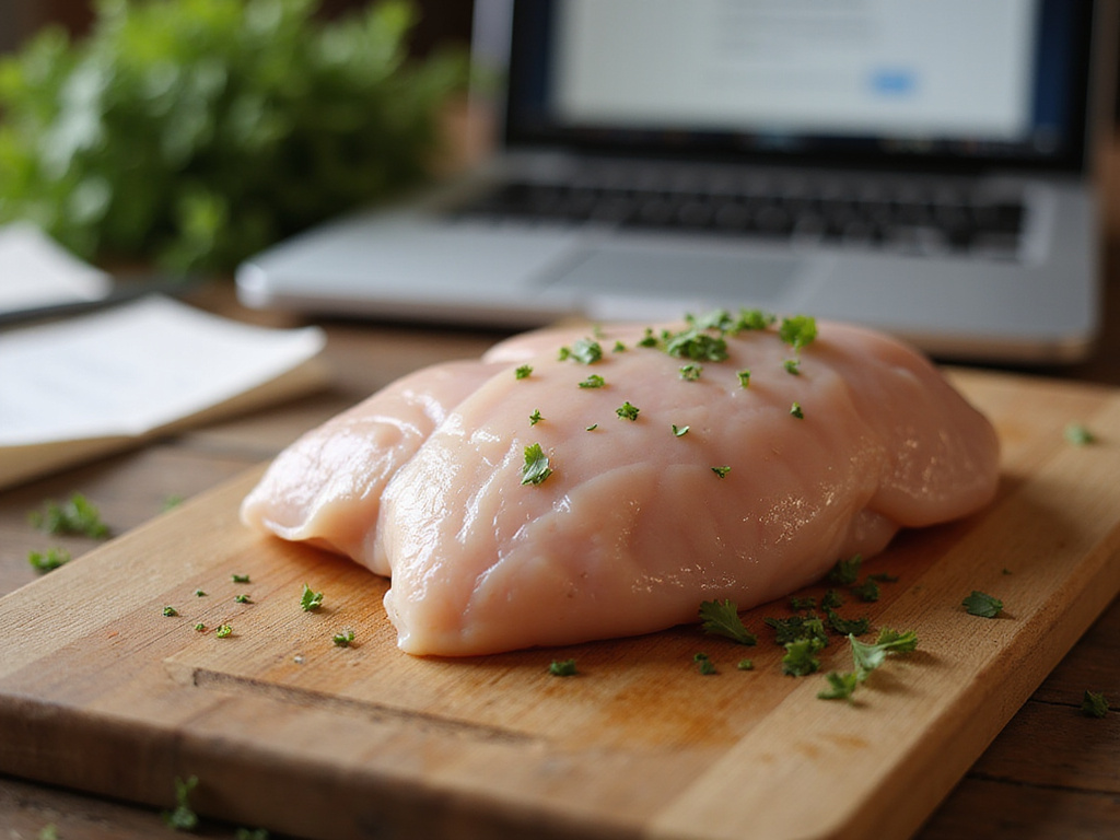 Raw chicken breast on cutting board showcasing protein content