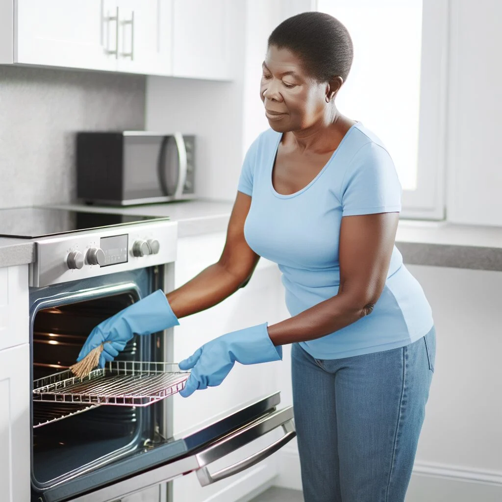 Western adult cleaning an oven in a modern kitchen