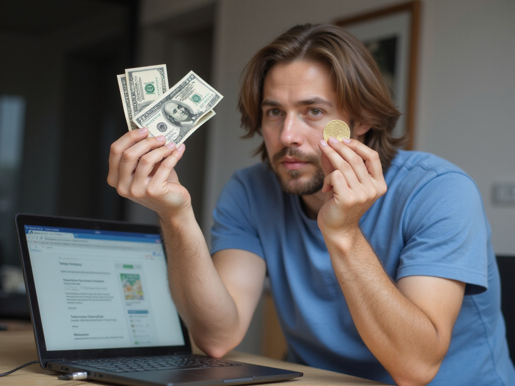 Person comparing dollar bill and shekel coin near laptop