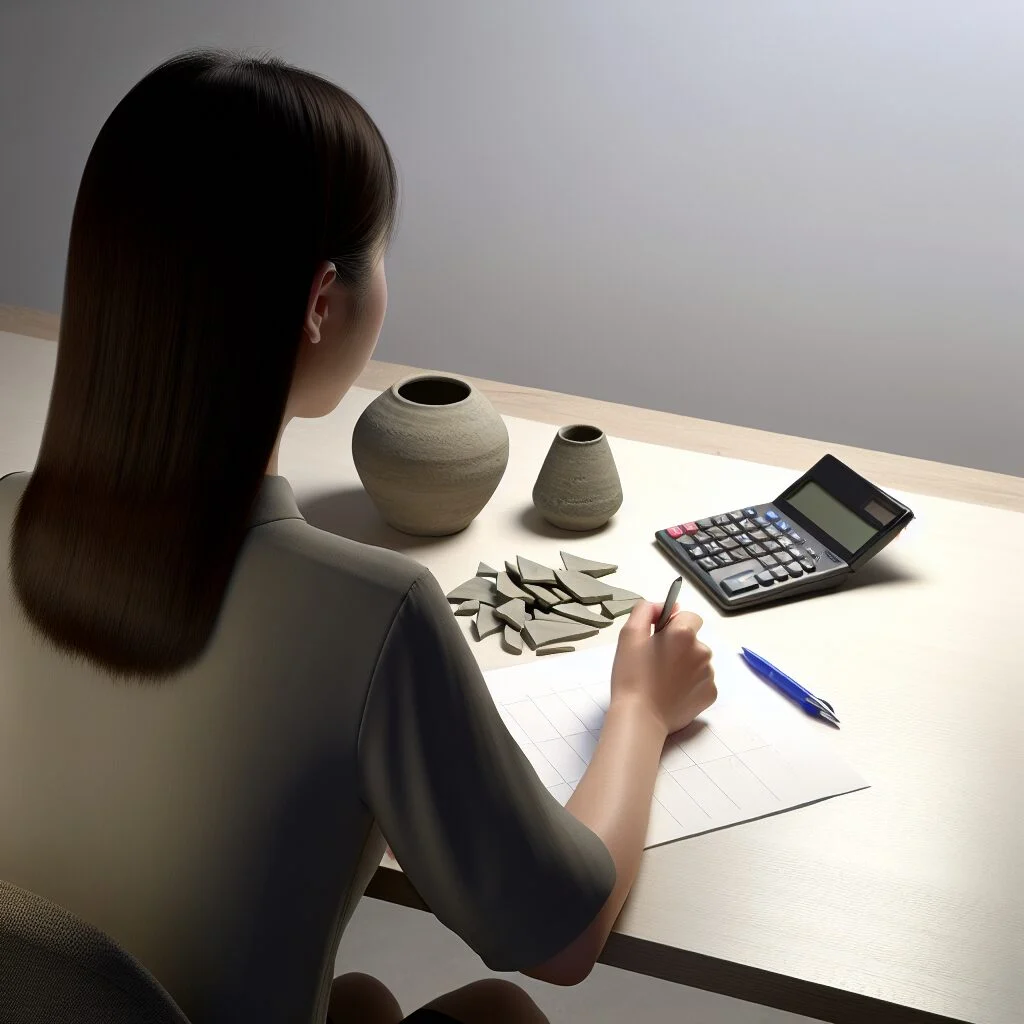 Person calculating broken ceramic pieces into decimal number