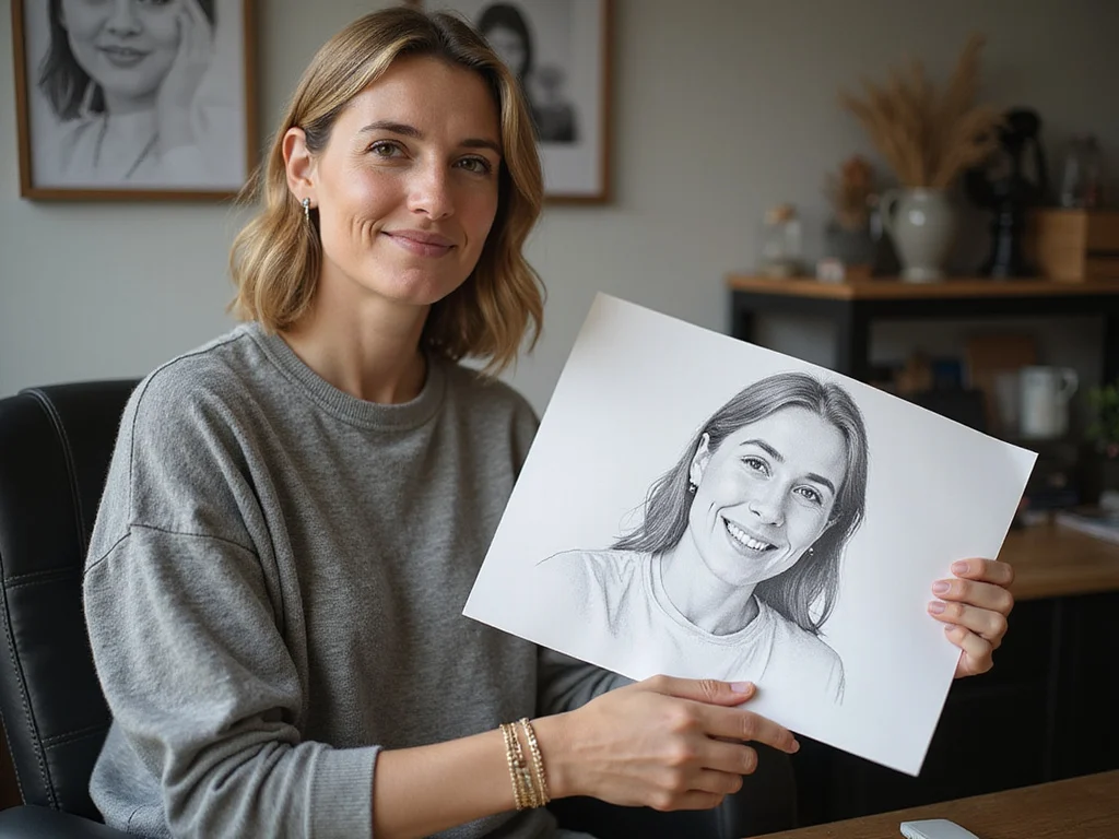 Professional converting photograph into drawing in a creative studio
