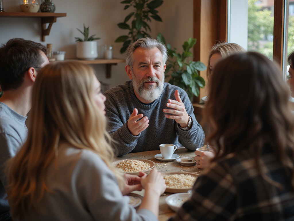 Diverse group discussing מתי מתחיל ספירת העומר in a cosy setting