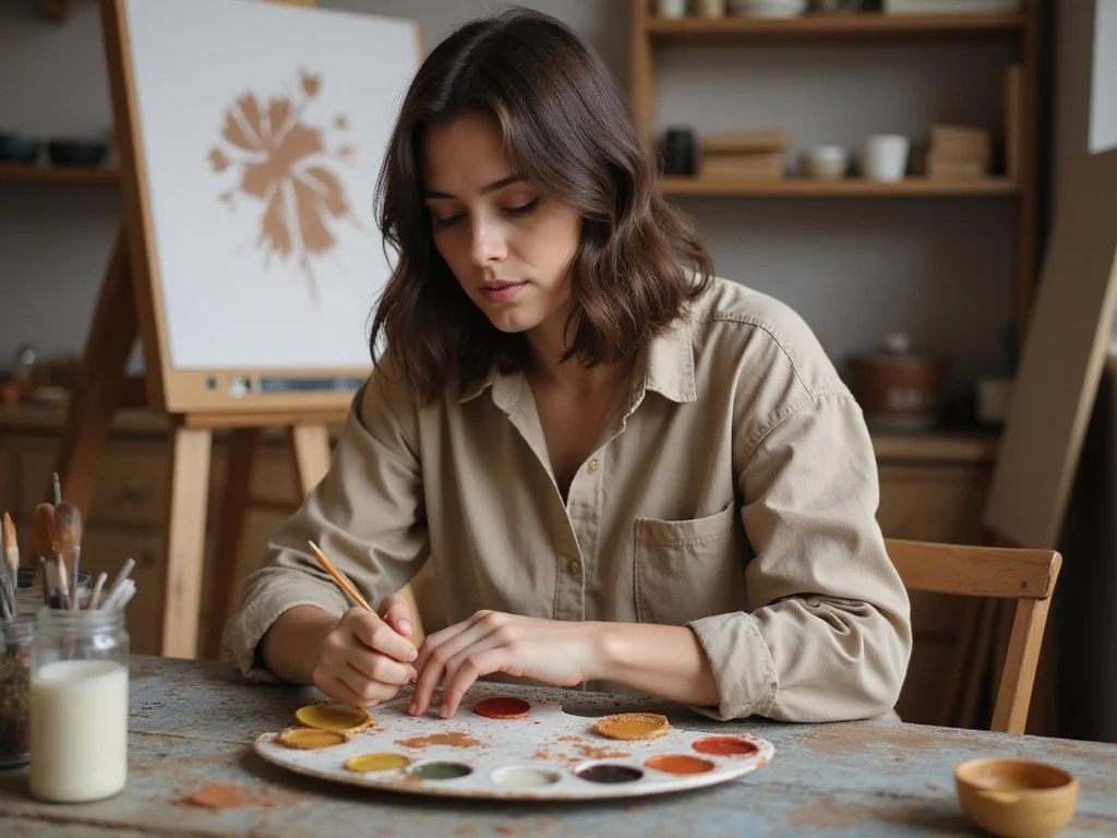 Artist mixing primary colors to create brown shade in studio