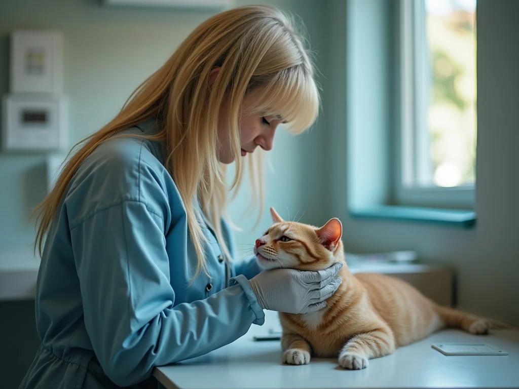 Blonde veterinarian caring for injured cat in clinic
