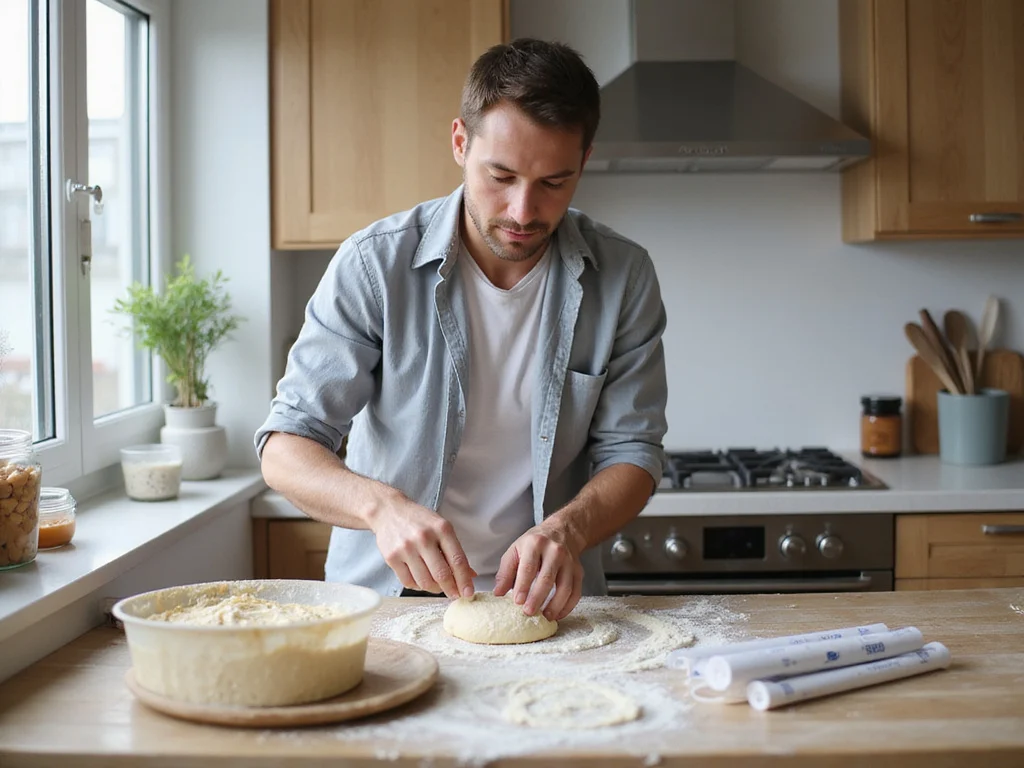 Man preparing dough in kitchen, topic of למה בצק לא תופח visible