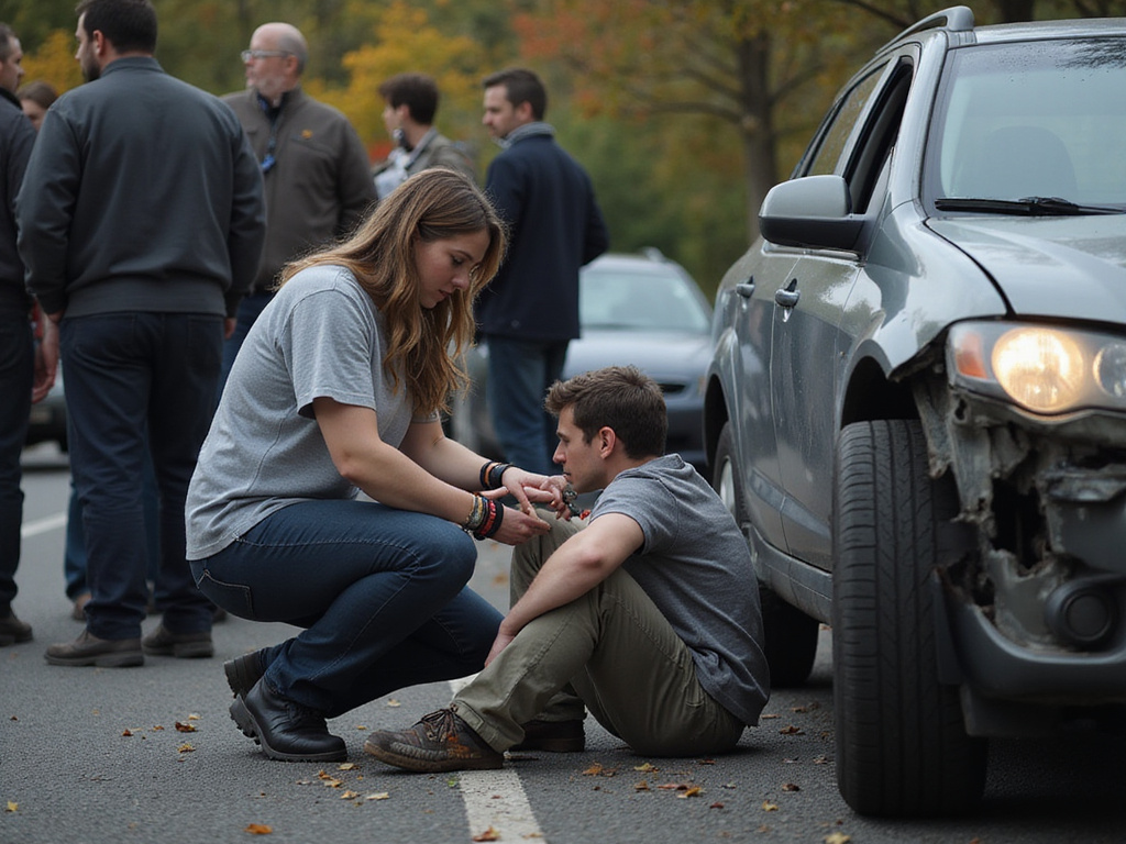 Vehicle accident scene with victims and a person offering help