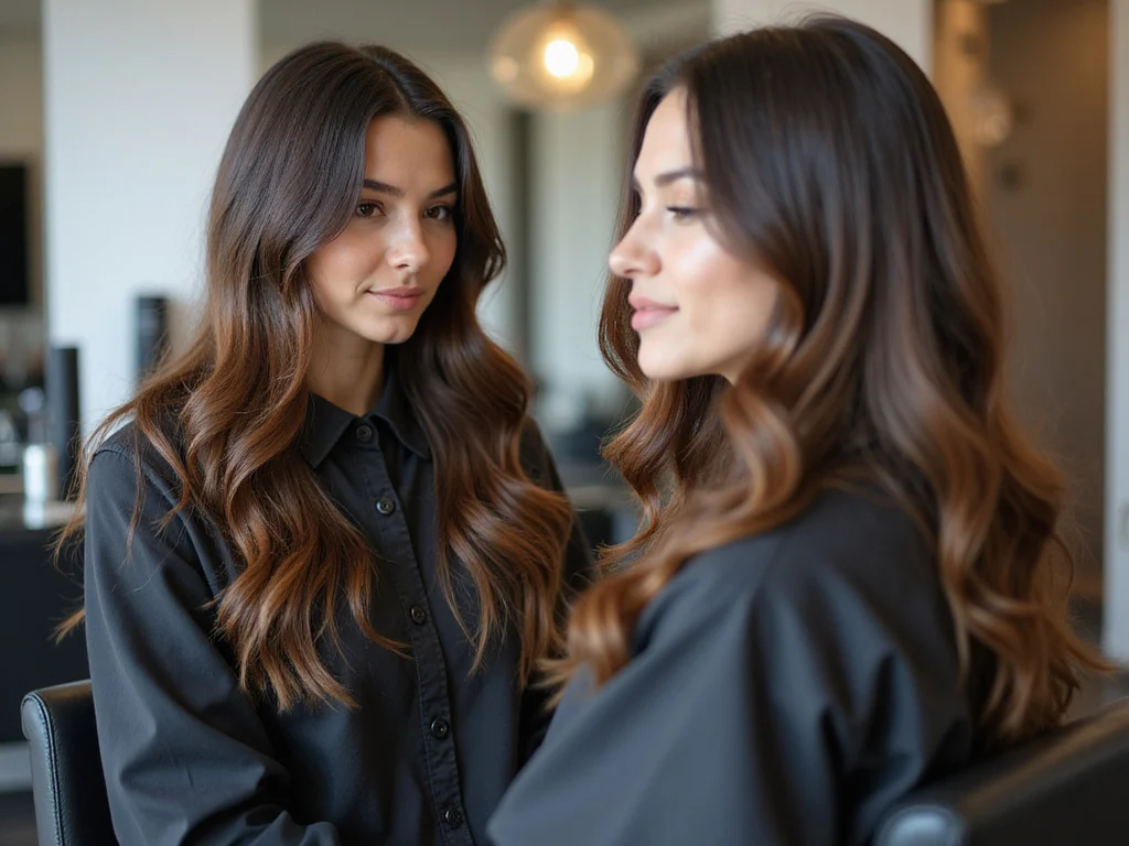 Woman changing hair color from black to light brown in salon