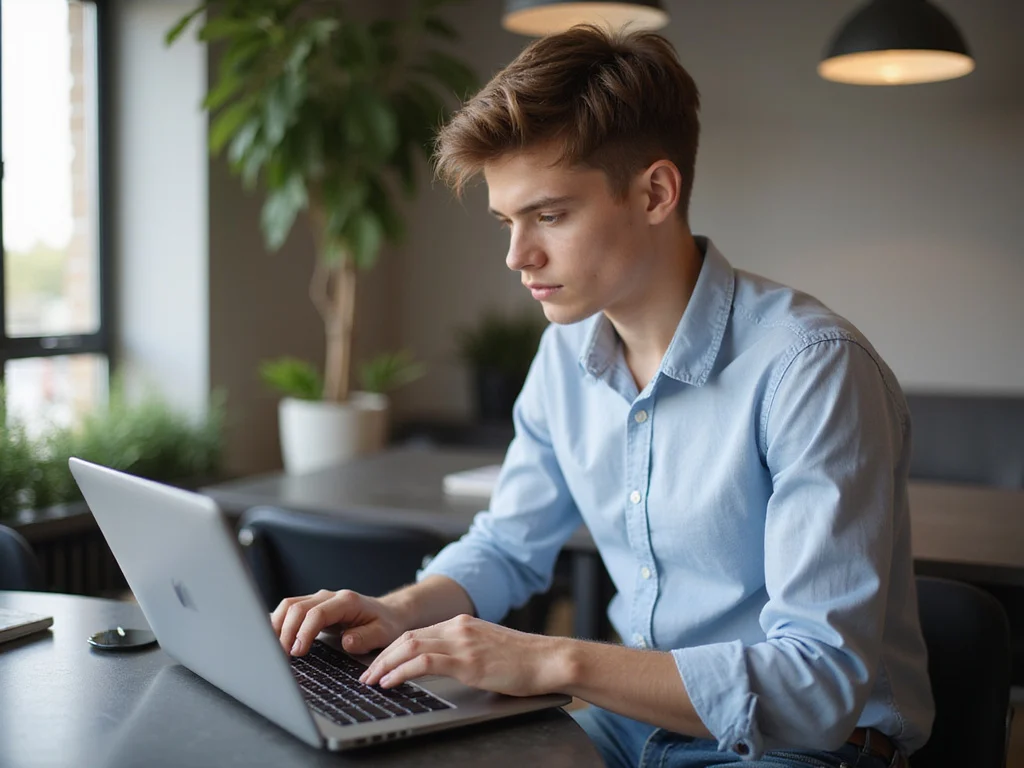 Youthful individual working on laptop in modern environment
