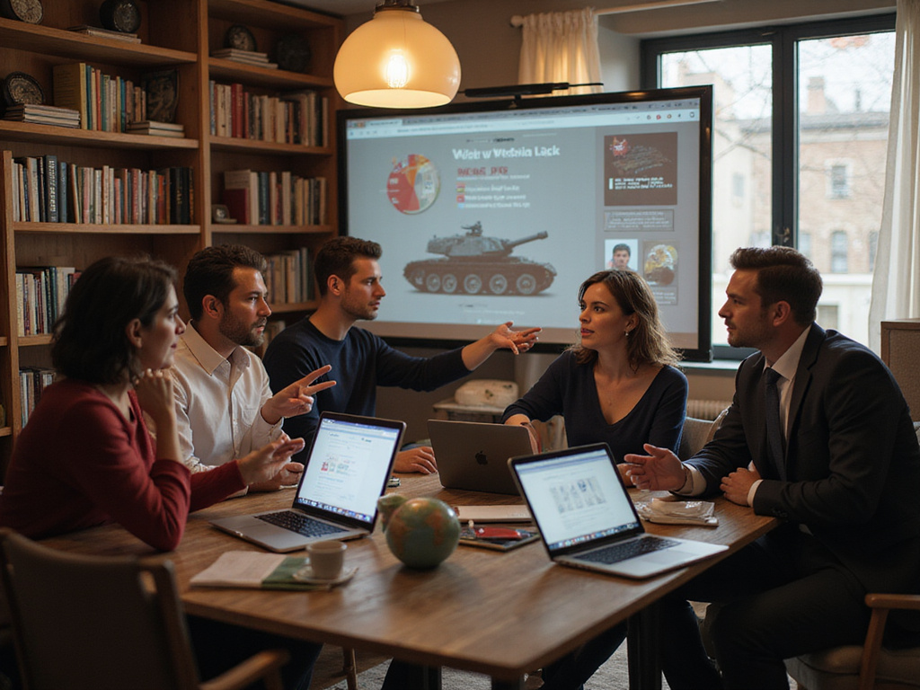 Diverse group discussing Egyptian military tank symbol in an office