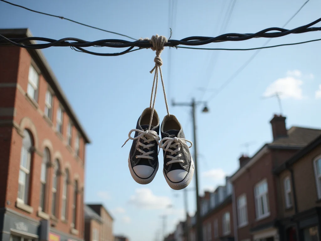 Shoes hanging on electric wires in an urban street scene