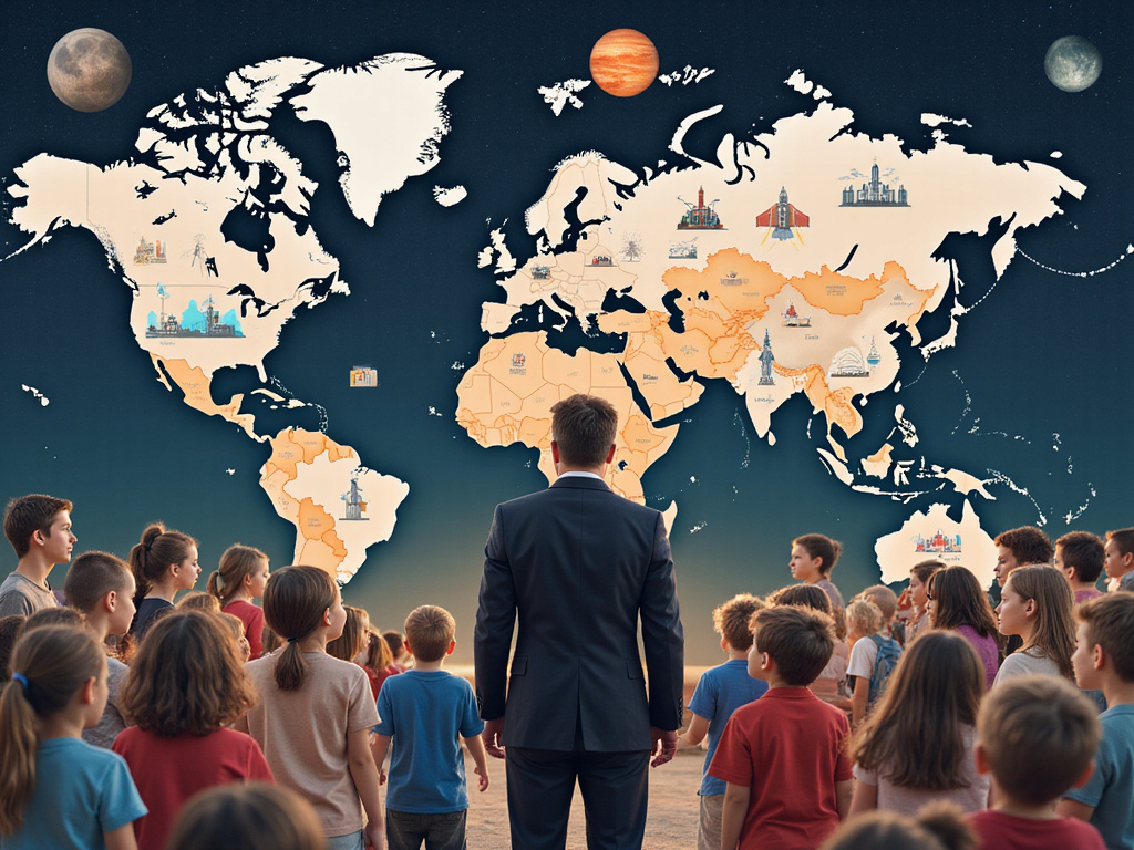 Elon Musk surrounded by his children contemplating rockets and Mars.