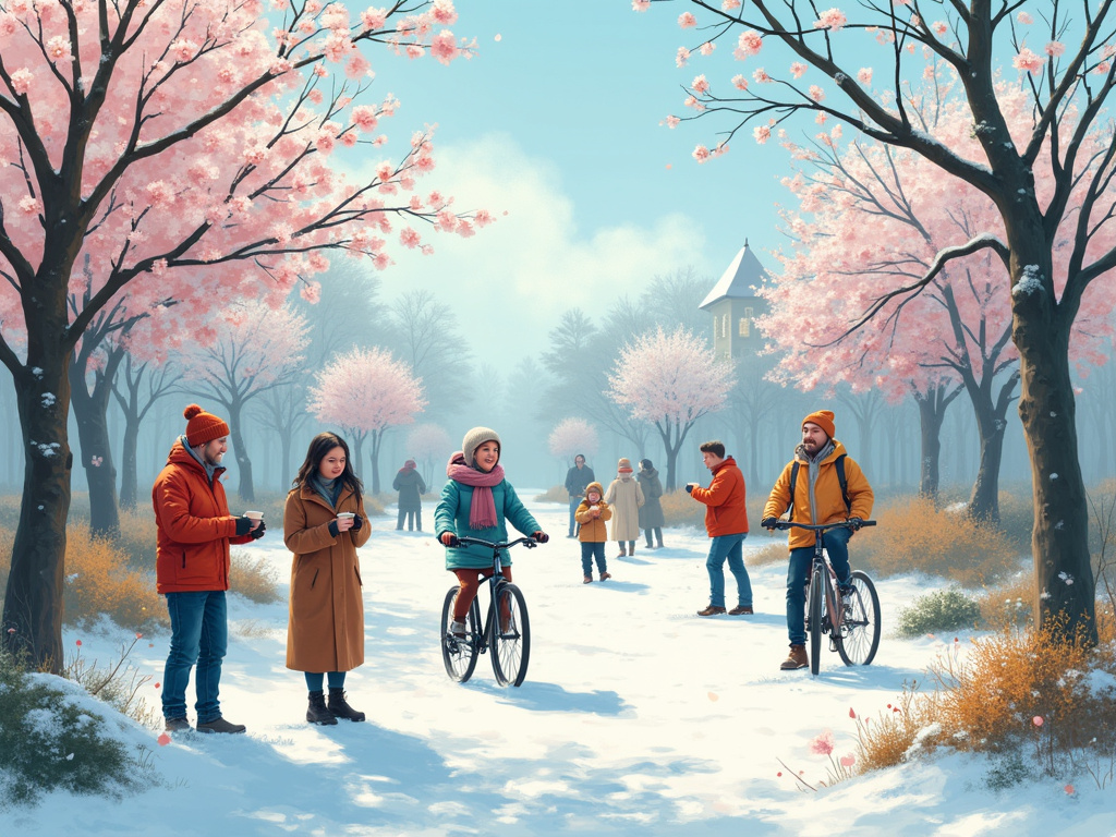 End of winter season transition to spring 2025 landscape with people