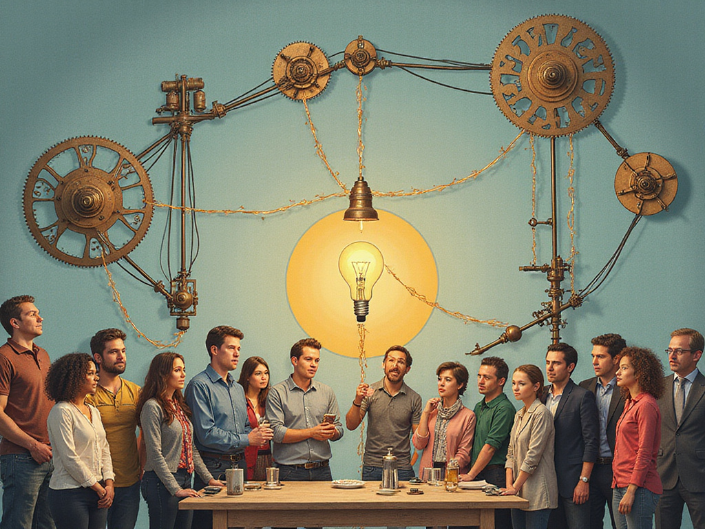 Rube Goldberg machine lighting bulb while diverse group attentively watches