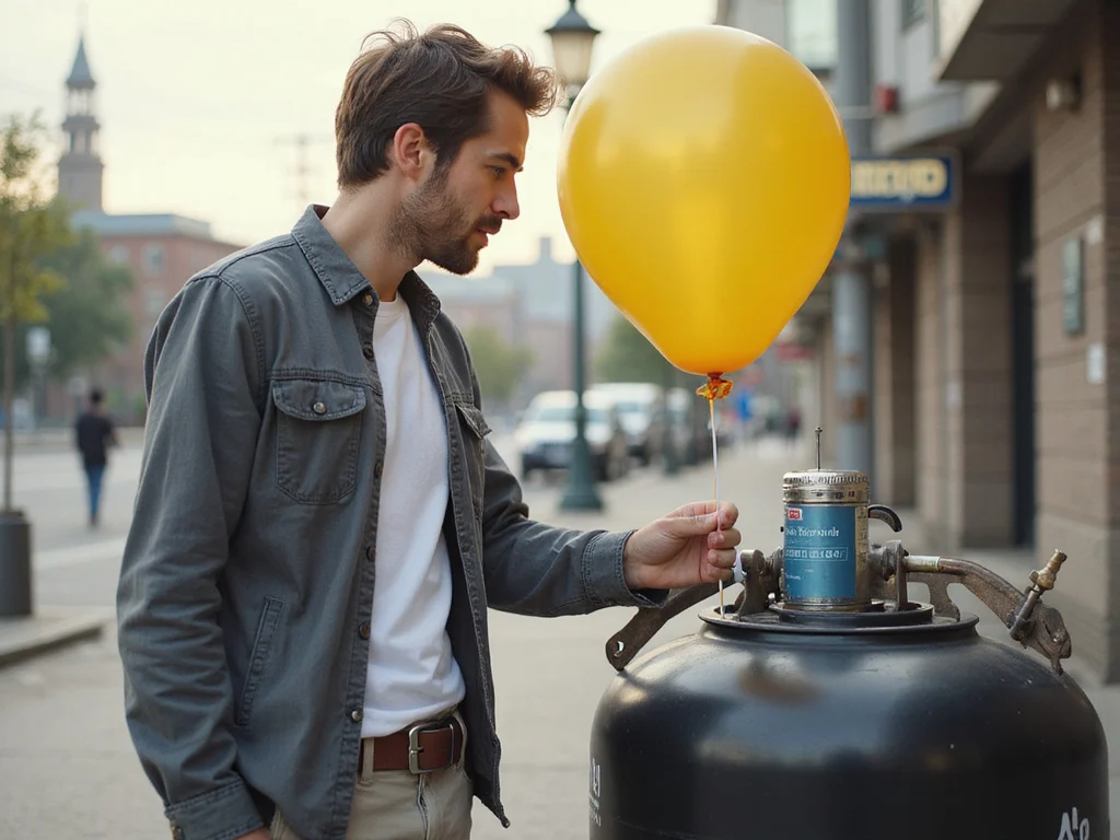 Man filling helium balloon at self-service gas station