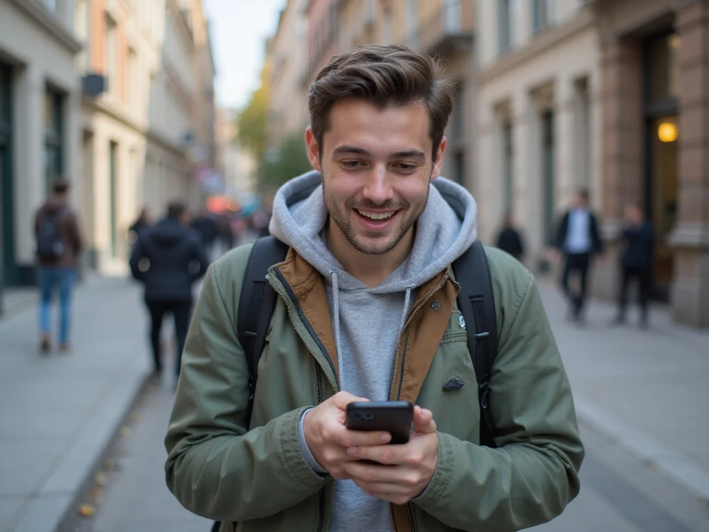 Young adult retrieving deleted messages on smartphone in urban scene