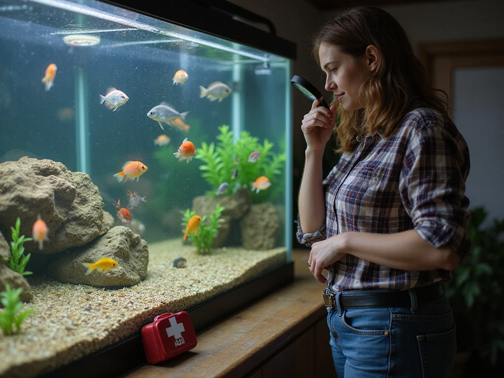 Person examining fish in aquarium for early disease detection