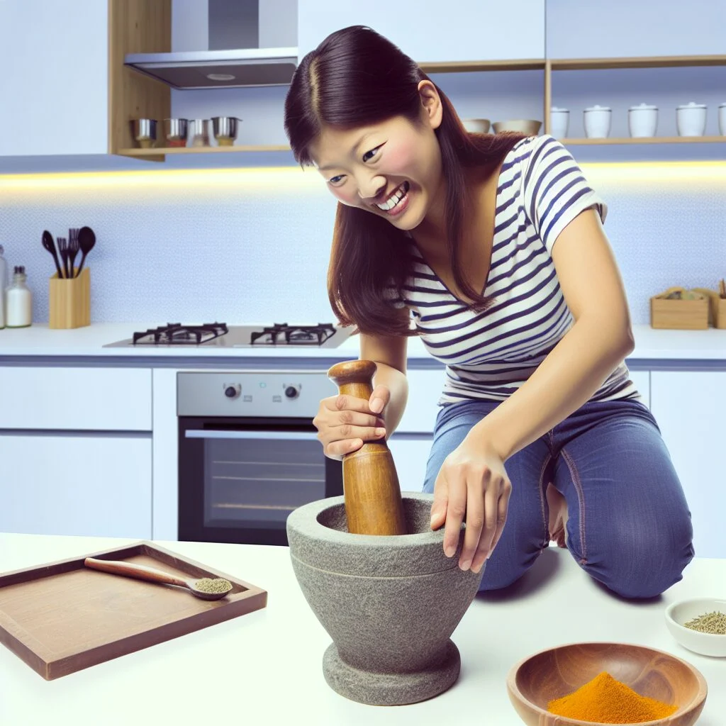 Adult grinding spices in a modern kitchen with mortar and pestle