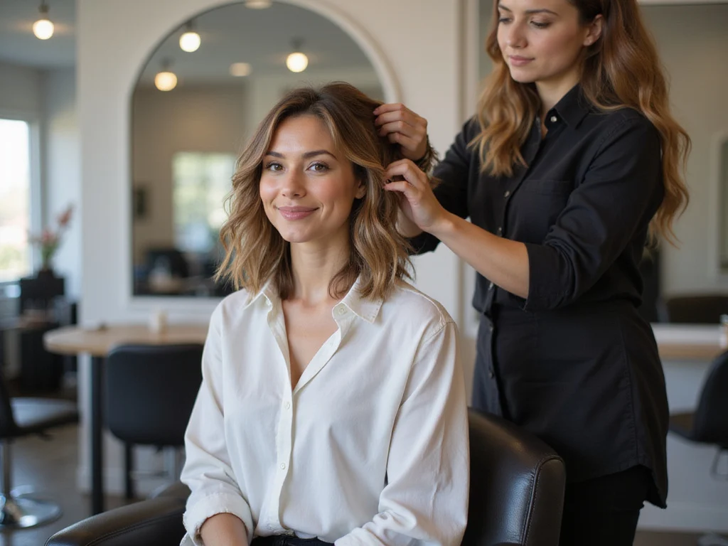 Woman getting her hair dyed by a professional stylist in a salon.