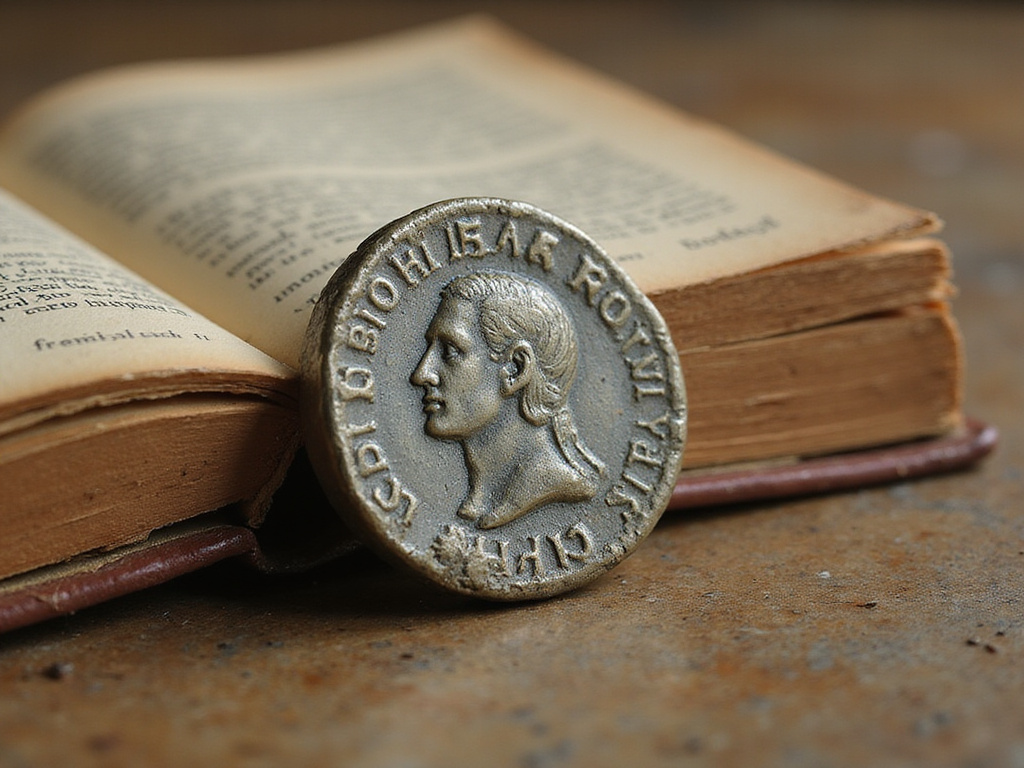 Ancient half shekel coin on a blurred book background