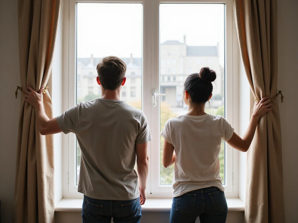 Man and woman preparing to hang curtains with curtain hooks
