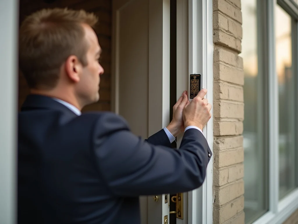 Affixing mezuzah to doorpost in modern urban setting