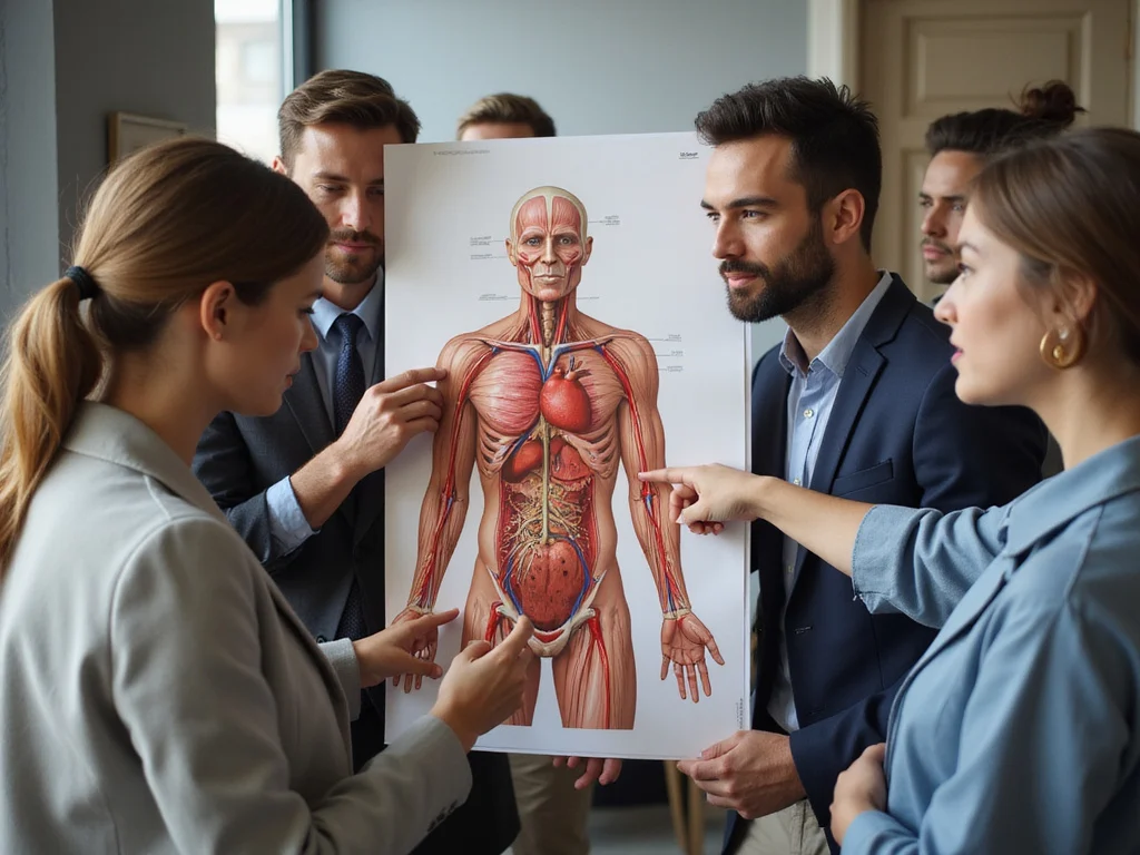Diverse group pointing at diagram showing איפה נמצא הלב in human body