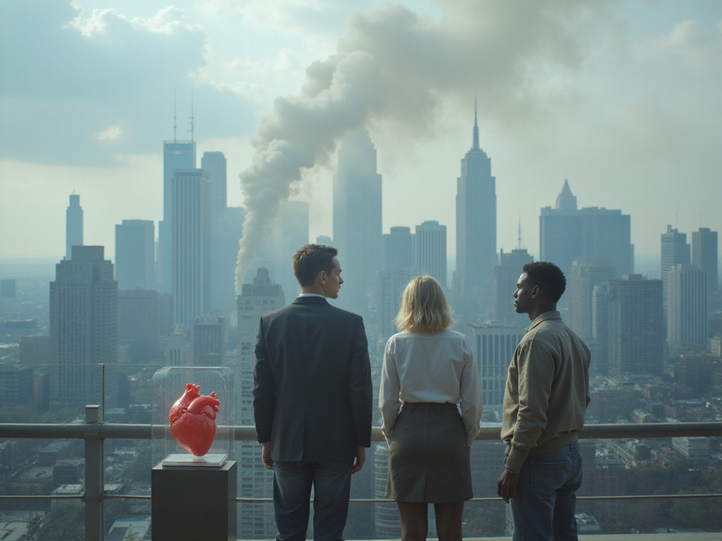 City skyline obscured by smoke affecting health of diverse individuals