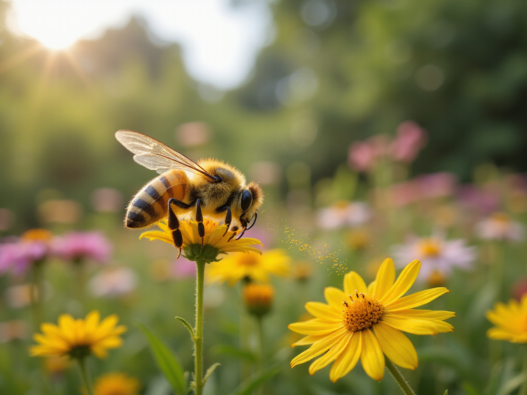 דבורה מאביקה באווירת גן ורדים יפהפה