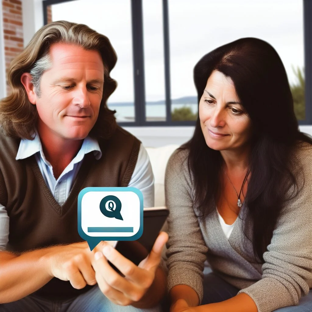 Two adults learning how to block on TikTok from a phone on couch
