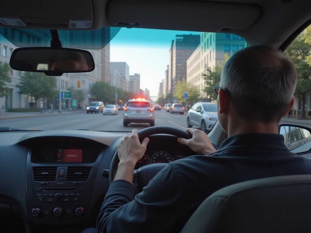 Driver reacting to security vehicle in rearview mirror in cityscape