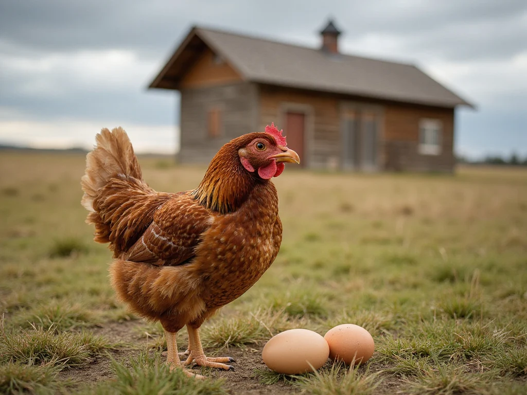 Brown speckled hen laying an egg in a modern farm scene
