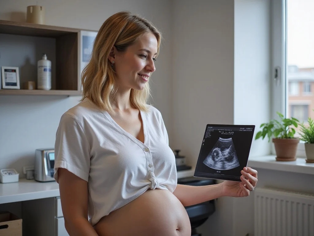 Pregnant woman viewing ultrasound photo pondering איך יראה הילד שלי