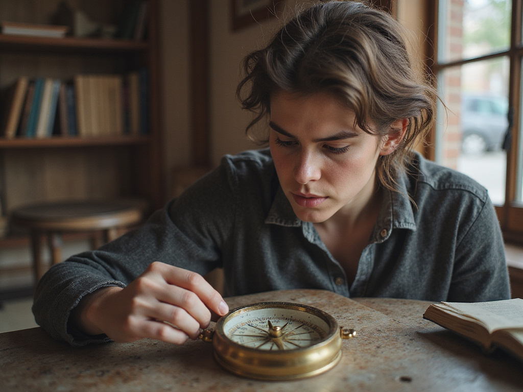 Individual studying the construction of a navigational compass